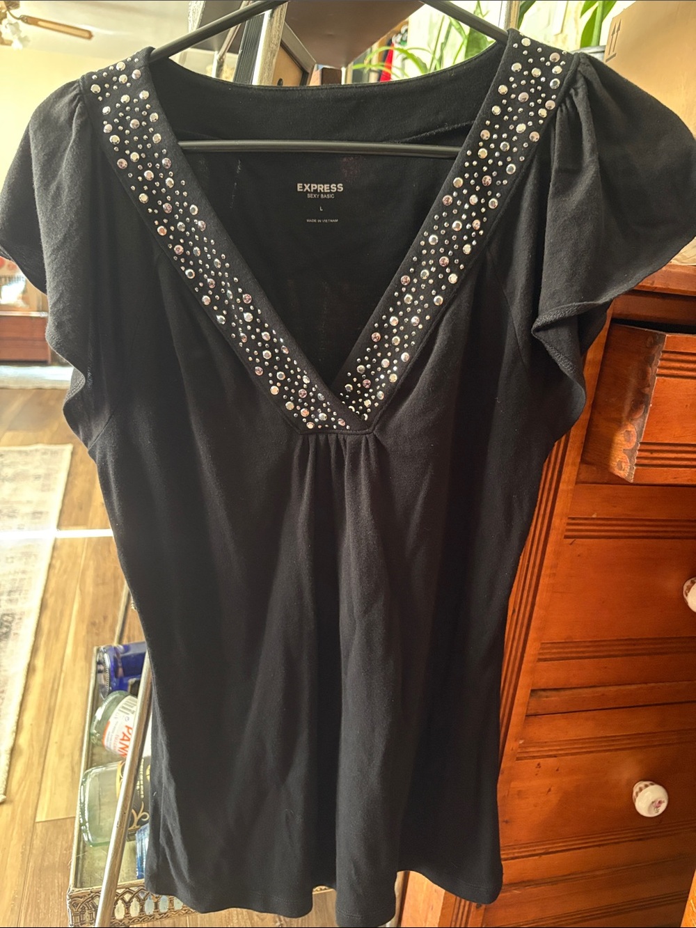 Express Black Sexy Basic V-Neck Top with Silver Stud Trim